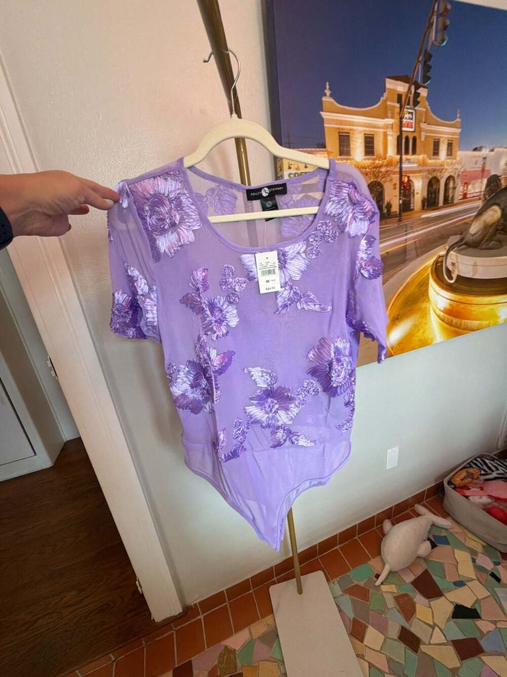 Ashley Stewart Dalia Purple 3D Floral Mesh Bodysuit